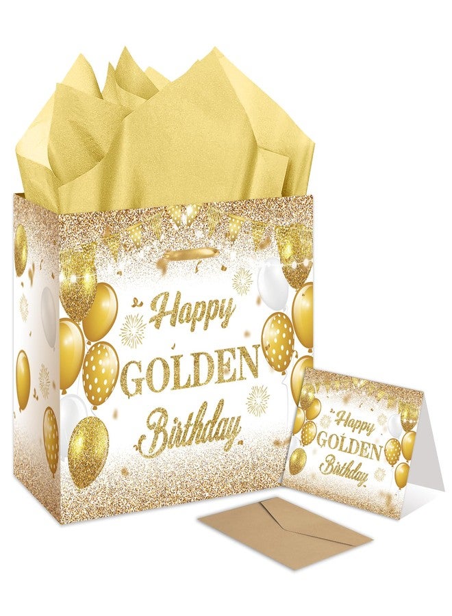 RTMISA Golden Birthday Gift Bag with Tissue Paper and Greeting Card Happy Golden Birthday Gifts Wrapping Paper Bag for Women Men, White and Gold Bday Party Favor Supplies Decorations - Image 1